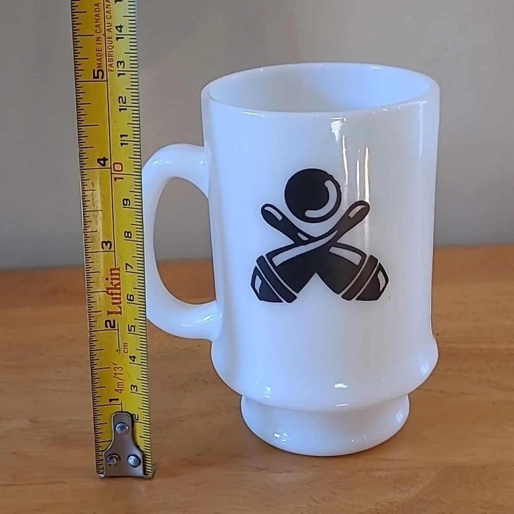 VINTAGE Milk Glass Bowling Theme Double Sided Graphic Pedestal Mug - Picture 11 of 14
